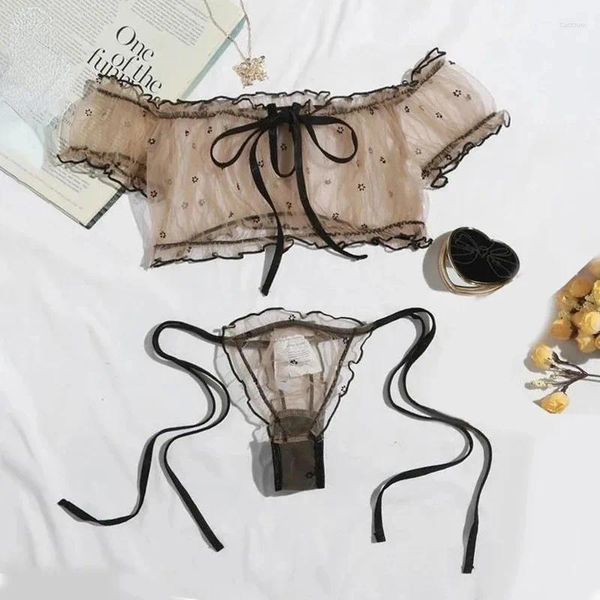 Bras sets sexy femme lingerie mignon de fleur de fleur set bralette balette balette femelle de fantaisie sous-vêtements intime érotique transparent érotique