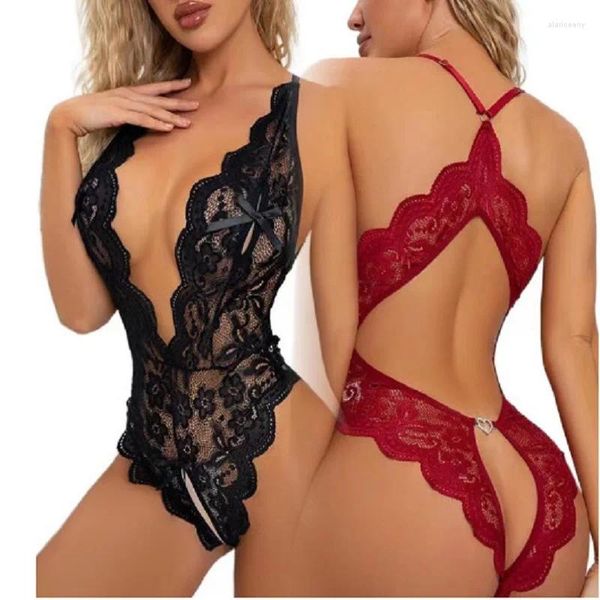 Conjuntos de sujetadores Ropa interior sexy para mujer Traje de encaje Lencería erótica V Sujetador de entrepierna abierta Transparente Chicas jóvenes Body Ropa de dormir