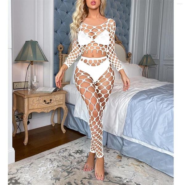 Ensembles de soutiens-gorge Sexy Womens évider See-Through Fishnet Lingerie Set Soft Nightwear Bikini Cover Ups Scoop Neck Long Sleeve Crop Top 186b