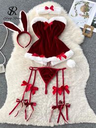 Conjuntos de sujetadores SINGREINY Cosplay Rabbit Maid Sexy Nightwear Halter Splice Fur Bow Lencería Combinación Navidad Erótica Porno Ropa interior