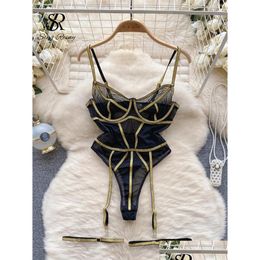 Conjuntos de sujetadores Singreiny Cosplay Sheer Sensual Slim Playsuits Mujeres Moda Abierta Entrepierna Funda Mamelucos Malla transparente Erótico Y Drop Deli Oto1Q