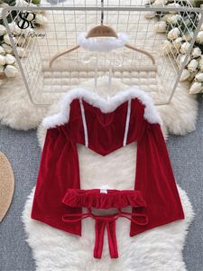 Bh Sets SINGREINY Erotische Kerst Uniform Ondergoed Sutis Vrouwen Strapless Top Open Kruis Slips Uit De Schouder Sexy Lingerie