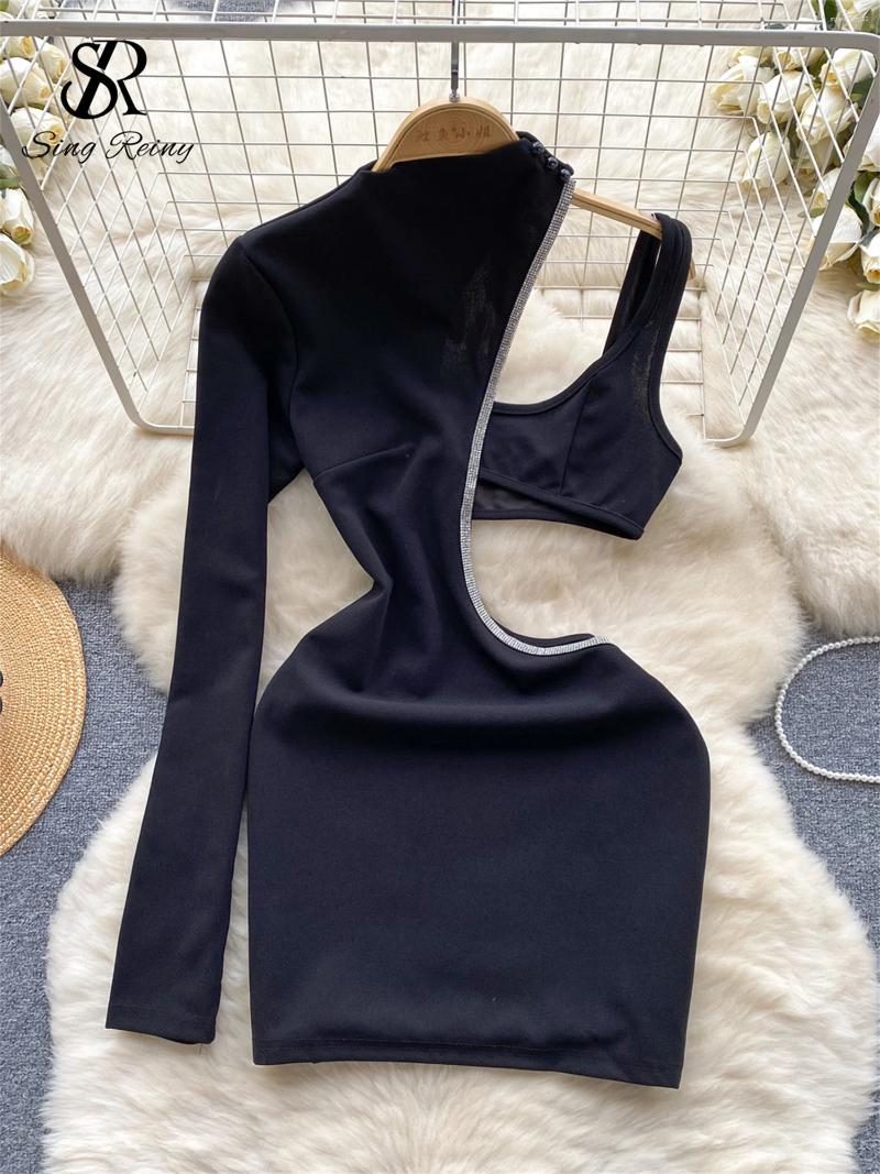 브라스 세트 Singreiny Fashion Hollow Out 섹시한 드레스 One Shoulder Long Sleeves 나이트 클럽 복장 2024 에로틱 파티 슬림 나이트웨어