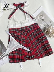 Bras stelt singreiny pure porno cosplay halter uniform dames strapless club lingerie 2024 dames plaid rok sensuele ondergoed pakken