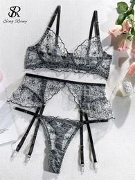 Soutien-gorge Ensembles Singreiny Sheer Ruffles Porno Sous-vêtements Costumes Dos Nu Sangles Moulantes Femmes Vêtements De Nuit Transparent Lingerie Sexy 3 Pièces