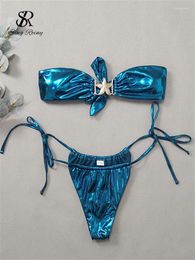 Bh Sets SINGREINY Vrouwen Vakantie Stijl Sensuele Bikini Pakken Dames Strapless Lace Up Schede Ondergoed Mode Glanzend Sexy Badpakken