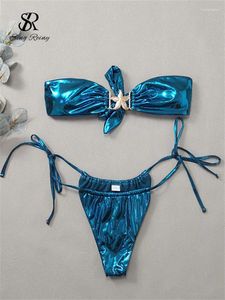 Sistemas de sujetadores SINGREINY Mujeres Estilo de vacaciones Sensual Bikini Trajes Damas Sin tirantes Lace Up Funda Ropa interior Moda Shinny Sexy Trajes de baño