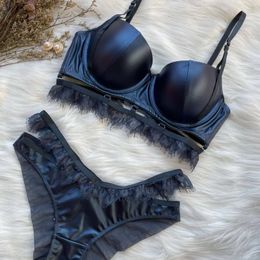 Beha's stelt glad pu imitatie leer sexy beha en panty met wimper kanten push -up ondergoed lingerie voor vrouwen 221010