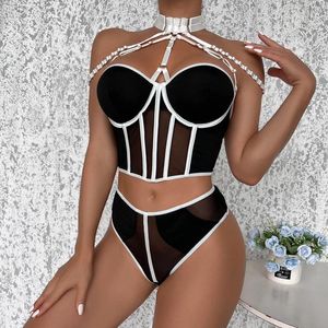 Bras Sets Strap Centing lingerie Set Femme's Sexy Suit Mesh Underwear Craft Craft Metal Hanging Neck Lingeries for Woman