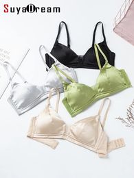 Conjuntos de sujetadores SuyaDream Mujeres Conjunto de sujetador de seda 93% seda 7% spandex Copa de molde fino Ropa interior sin alambre 2024 Intimates cómodos Plata Rosa