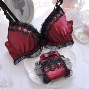 Bh-sets Zoete kleine frisse diepe V dunne cup ondergoed holle bloem borduurwerk bh-set heeft grote maat A-E lingerie panty pak