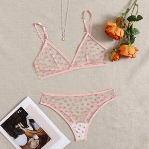 Bh Sets Verleiding Liefde Stippen Lingerie Set Womens Mesh Perspectief Beha Drie Punt Dunne Ondergoed Sexy Lingerine Outfit