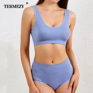 Bras sets Termezy Femmes Sexy No Steel Ring Bra Set Soft Deep U Underwear Crop Top Gym Sport Panty Push Up Lingerie sans couture
