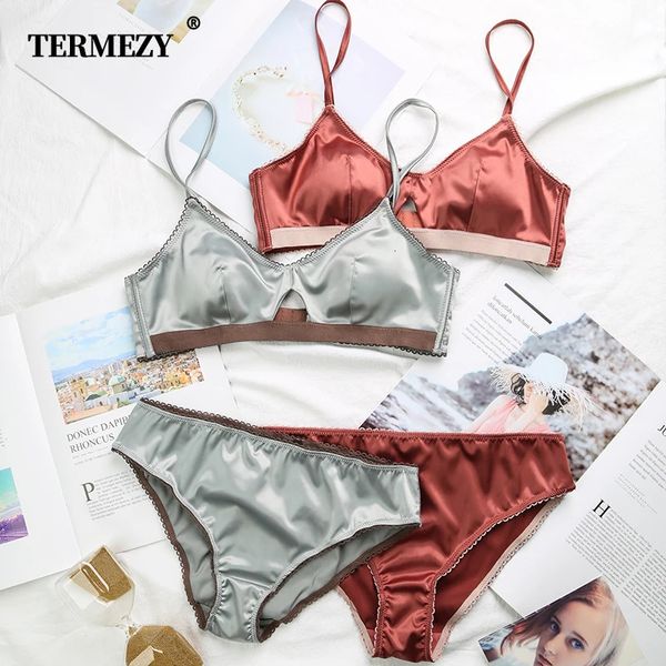 Conjuntos de sujetadores Termezy Ropa interior para mujer Sujetador de satén sin alambre fino 3/4 tazas Conjunto de sujetador y panty Lencería hueca Sujetador Bralette 231202