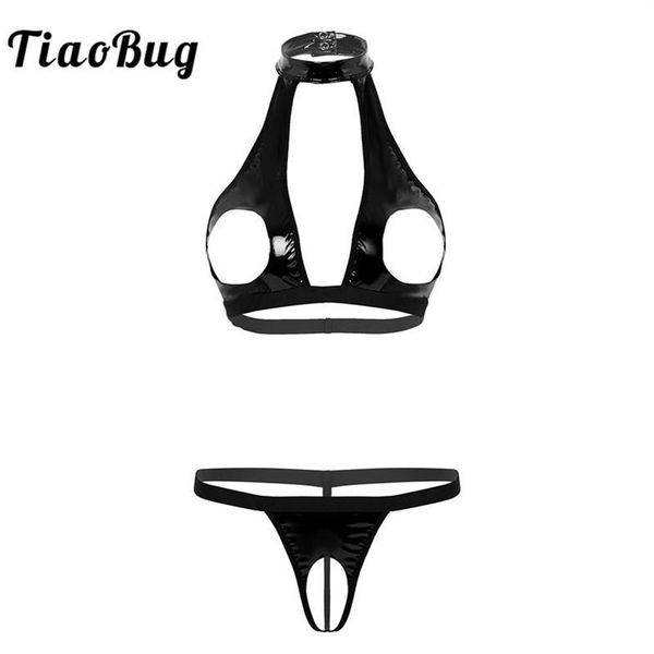 Conjuntos de sujetadores TiaoBug Mujeres Conjunto de lencería sexy Negro Cuero de imitación Copa abierta Sujetador Tops con entrepierna G-String Thong Entrepierna Erótica Underw2987