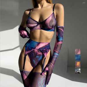 Soutien-gorge Ensembles Tie-Dye Lingerie Érotique 5 pièces Ensemble Dames Sexy Sous-vêtements en dentelle avec des bas Gants Femmes Vêtements de nuit Soutien-gorge transparent Tenues