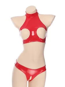 Bh's Sets Ondergoed Set 2 Stuks Sexy Vrouwen Hol Kruis Open Buste Latex Lederen Bh En String Exotische Clubkleding voor volwassenen Erotische Lingerie