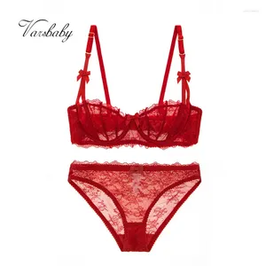 Bh-sets Varsbaby sexy donkerrode kleur kanten bh-set halve cup ademende lingerie plus maat