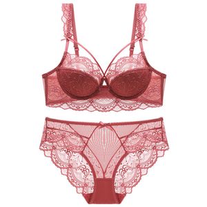 Beha's stelt wit borduurwerk sexy lingerie beha en panty transparante ultra dunne push -up brassiere kant vrouwen ondergoed e cup 221010