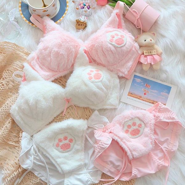 Soutien-gorge Ensembles Winter Cat Paw Sous-vêtements en peluche Femmes Soutien-gorge et culotte confortables Ensemble mignon fille japonaise oreille douce lingerie lolita