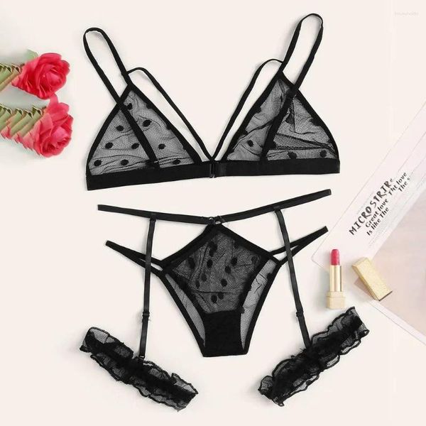 Soutien-gorge Ensembles Femmes Grande Taille Soutien-gorge Ensemble Érotique Sexy Costumes Sous-Vêtements En Dentelle Sans Soudure String Jarretières Polka Dot Bralette Lingerie