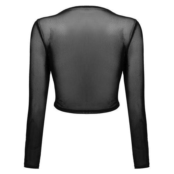 Conjuntos de sujetadores Mujeres Tanques exóticos Malla transparente con aros Crop Top Pezones abiertos Ropa interior Ropa de dormir Manga larga Frente Sheer T-shirt 186n