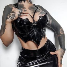 Conjuntos de sutiãs feminino gótico preto couro cropped top em forma de morcego punk sexy sem costas bodycon Lingerie noite boate usar arnês no peito CamisoleSutiãs