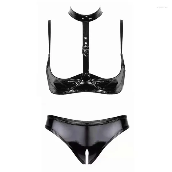 Bras Sets Femmes Latex Lingerie sexy set en cuir breveté en cuir érotique sous-vêtements Push Up Open Cups Bra Tops avec des brèves sans entrejambe culotte