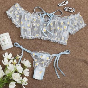 BH's Sets Dames Lingerie Set Daisy Printing Lace Up Bladerdeegmouwen Transparant Top Ruches Elastisch Intimates Thongs Ondergoed