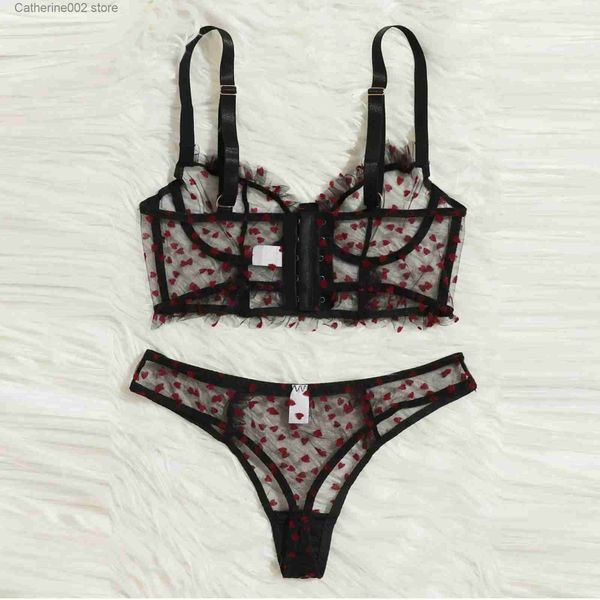 Soutien-gorge Ensembles Femmes Lingerie Sexy Plus Taille Femme Fleur Broderie Transparent Soutien-Gorge String Sexy Sous-Vêtements Porno Lingerie Ensemble Transparent Dentelle T231027