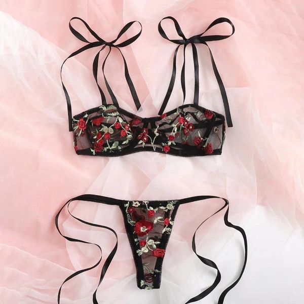 Conjuntos de sujetadores Mujeres Malla Floral Bordado Lencería Transparente Lace Up Brassiere Con Tanga Ropa Interior Sensual Ver A Través De Traje Erótico