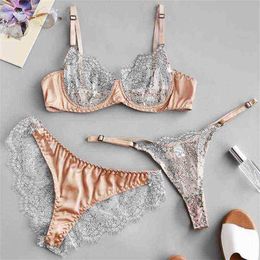 Soutien-gorge Ensembles Cils pour femmes Couture en dentelle Sous-vêtements sexy Soutien-gorge et culotte en trois pièces en maille fine transparente Ensemble de lingerie érotique T220907