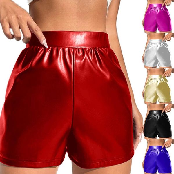 Conjuntos de sujetadores Pantalones cortos de imitación para mujer Panty Glossy Metallic Rave Dance Pantalones cortos de cuero Pantalones cortos de cintura alta Pantalones sexy Fiesta de club femenino