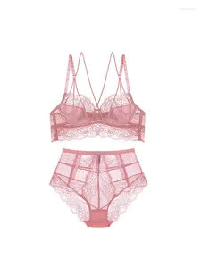 BH's Sets Roze Tweedelige badmode Bikini's Slipje Kanten slips Lingerie Perspectief Onderbroek Panty Vrouwelijke Intimates Ondergoedset