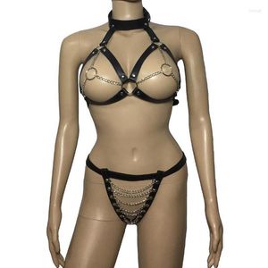 Conjuntos de sujetadores para mujer, sujetador de pecho abierto de cuero encadenado Sexy para mujer, conjunto de anillo para pezones con Tanga, arnés para el cuerpo, Bikini de Bondage, disfraz de lencería