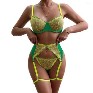 Bras Sets Sexy Sexy Fily Fluorescent Lace Broidered Garter Underwear 3-Pice Set Gathered Bra Mesh Perspective Thong Lingerie Cadeau