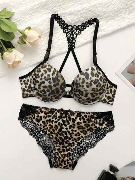 Bras Jets Setsy Set de ropa interior sexy para mujeres Bras de patrón de leopardo con cierre delantero de acero Cierre de encaje cómodo y transpirable Panty