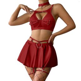 Behas stelt dames solide grappige lingerie set sexy lederen metalen buckle splicing hollow out vrouwelijke liften vormen