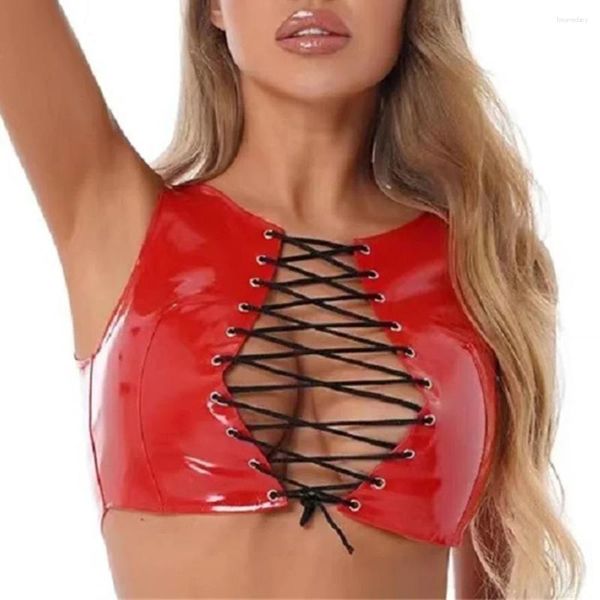 Bras Sets Women Sexy Bondage Lace Up PVC Cuero Chaleco de cuero Erótico Pecho porno erótico Tanks de aspecto húmedo Camisola Tops recortada Sexi