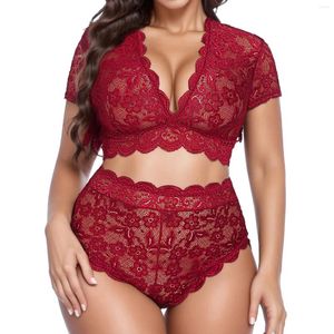 Bras Sets Femmes Sexy Lingerie V Neck High Taist Floral Lace Cross Bra Panty 2 Pieces See-Through UltraHin Undercorde plus taille 2024
