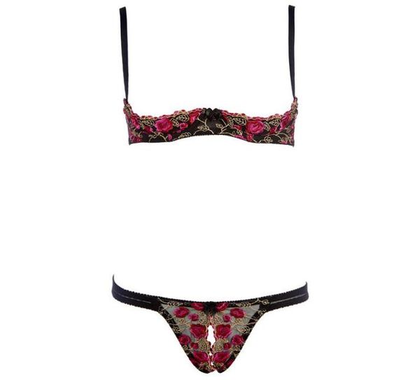 Conjuntos de sujetadores Mujeres Ropa interior sexy Exquisito bordado Flor Push Up Sujetador abierto Entrepierna Panty Set Tentación Tanga sin copas Lencería6192797