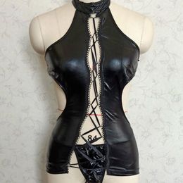 Behas stelt vrouwen sexy Wetlook lederen lingerie zwarte latex rubber clubwear catsuit erotische fetisj -jurk sex pak