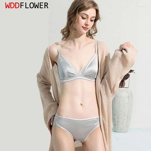 Conjuntos de sujetadores Conjunto de sujetador de seda para mujer 93% natural 7% spandex Copa de molde fino sin alambre con bragas Ropa interior Cómoda íntima TA023