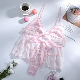 Bh Sets Vrouwen Mouwloos Kant Mesh Boog Bandage Print Crop Top Erotische Mini Rok Past Sex Kostuum Sexy Lingerie Slapen Dress2688