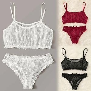 Bras stelt vrouwen ultra dunne sexy ondergoed polka stip mesh lingerie zachte comfortabele beha en panty set ruches transparant slipje