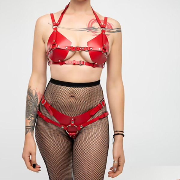 Conjuntos de sujetadores Ropa interior para mujer Cinturones de sujetador de cuero gótico Bondage Crop Top Suspender Cintura Liga Punk Correa Traje ajustable para club nocturno Dhnmq