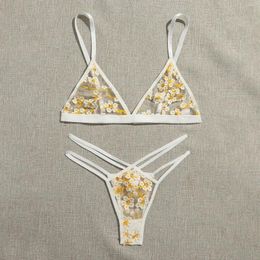 Soutien-gorge Ensembles Femmes Blanc Mesh Lingerie Floral Broderie Transparent Ultrathin Brassiere Avec Strings Sensuel Voir À Travers Des Costumes Érotiques