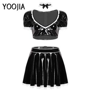 Beha's Sets Dames Volwassen Meid Cosplay Kostuum Lakleer Wetlook V-hals Top Met Bladerdeeg Ruches Hoge Taille A-lijn Korte Rok Set261Z