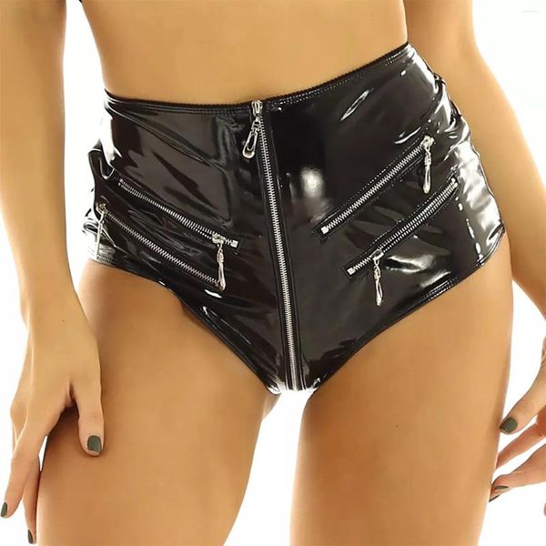 Soutien-gorge Ensembles Femmes Taille haute en cuir verni Shorts Sexy Wet Look Zipper Entrejambe Booty Tops Pantalons en latex Pole Dancing Clubwear