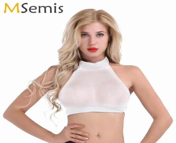 Sistemas de sujetadores para mujer sin mangas Halter Crop Top Nightclub Pole Dance Sexy Backless Sheer Mesh Cami Bra Chaleco Transparente Rave Mini Part8496886